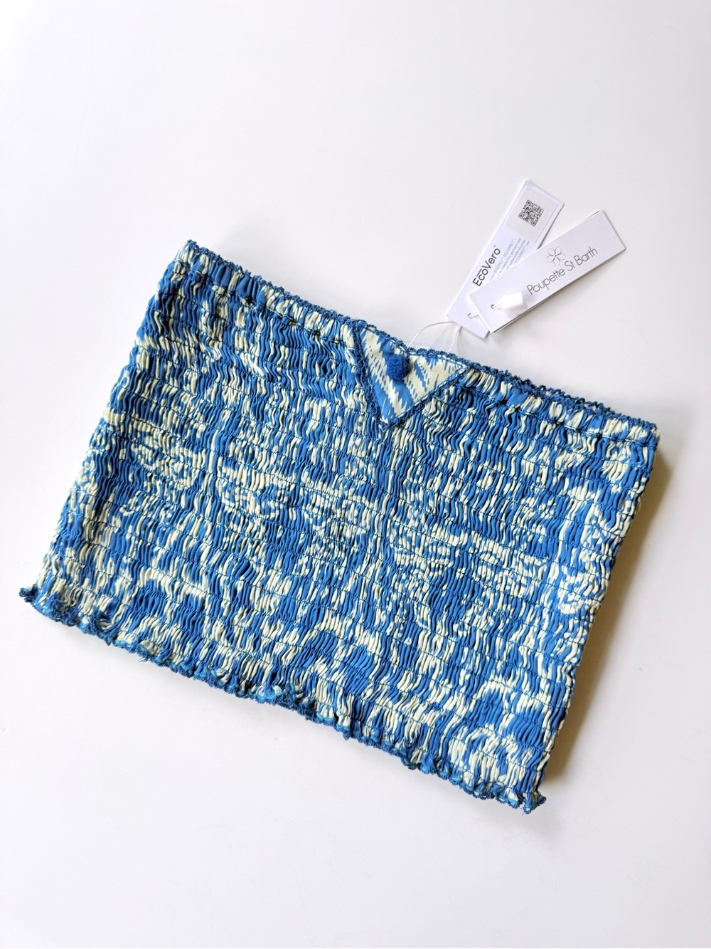 NWT Poupette St. Barth Turquoise Blue Ikat Viscose Satin Smocked Bandeau Top O/S